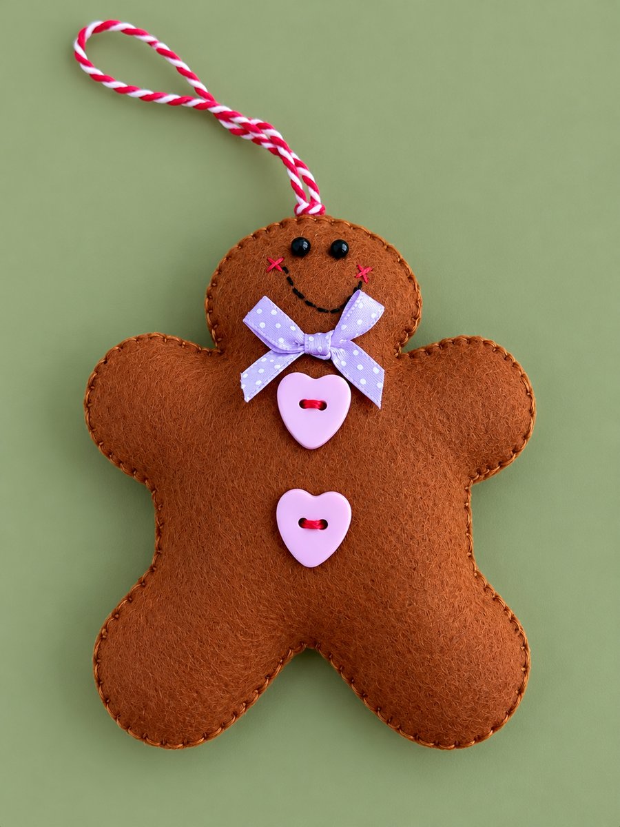 Image of Handmade Felt Gingerbread Christmas Decoration – Pink Heart Buttons & Lilac Bow
