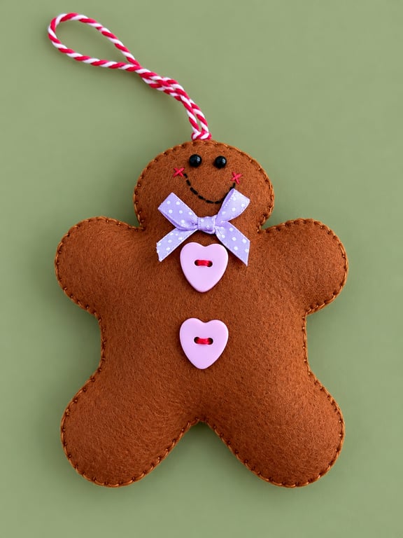 Handmade Felt Gingerbread Christmas Decoration – Pink Heart Buttons & Lilac Bow