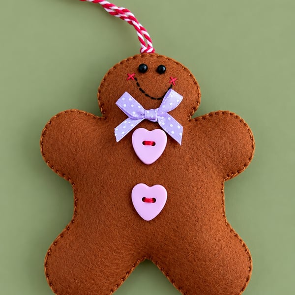 Handmade Felt Gingerbread Christmas Decoration – Pink Heart Buttons & Lilac Bow