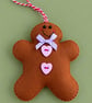 Handmade Felt Gingerbread Christmas Decoration – Pink Heart Buttons & Lilac Bow - Image 1