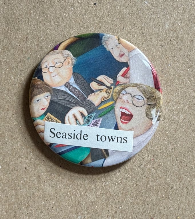 Collage pin badge - Beryl Cook cutting - seaside towns