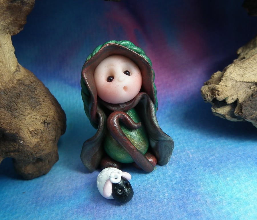 Tiny Gnome Shepherd with Lamb Sheep OOAK Sculpt by Ann Galvin Gnome Village