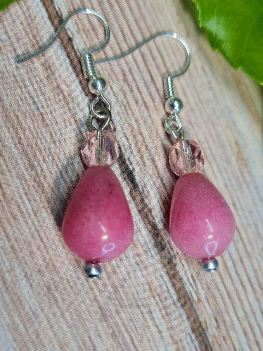 Seconds Sunday - Pink Quartzite teardrop Drop Earrings Silver Plated 