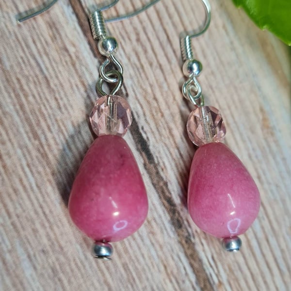 Seconds Sunday - Pink Quartzite teardrop Drop Earrings Silver Plated 