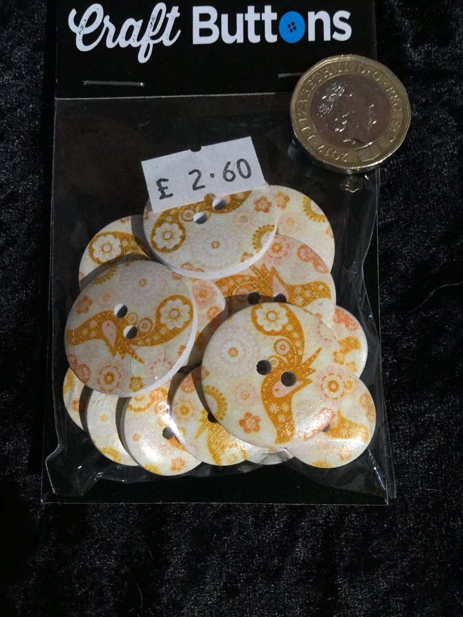 Craft Buttons Yellow Mustard Paisley Bird Pattern (N.45)