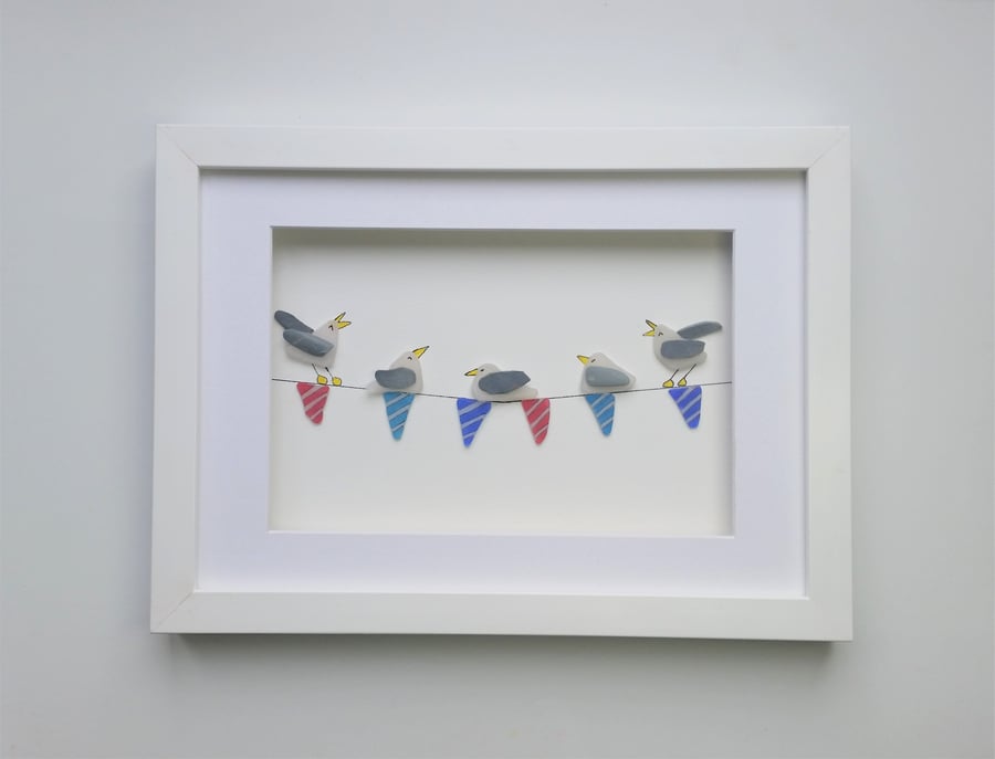 Humorous Coastal Wall Decor, Seagulls on Sea glass Bunting, Beach Art