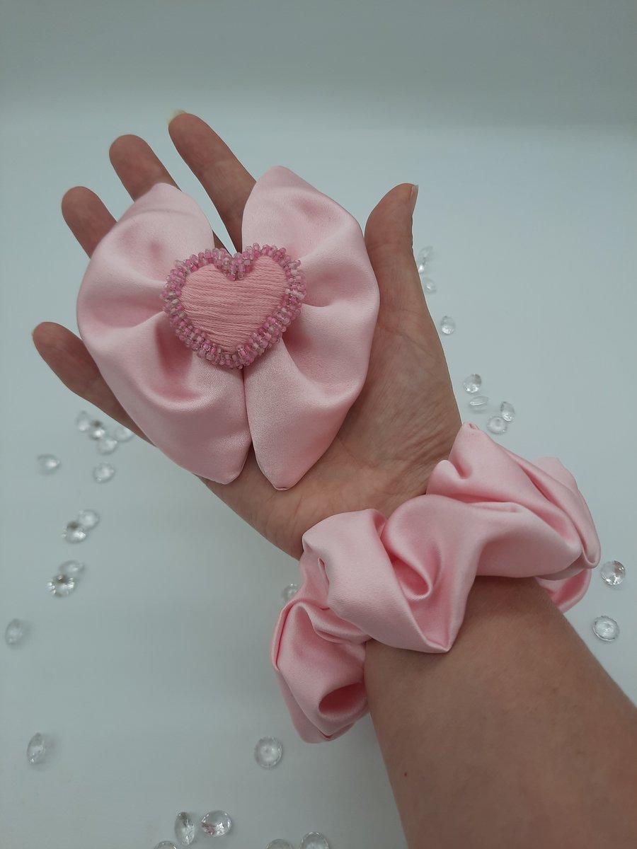 Beaded heart, pink satin, clip on hair bow, scrunchie set. 