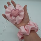 Beaded heart, pink satin, clip on hair bow, scrunchie set. 
