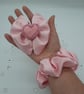 Beaded heart, pink satin, clip on hair bow, scrunchie set. 