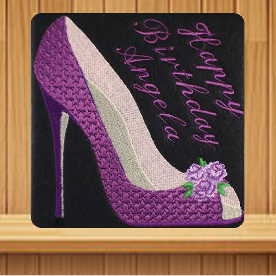 Handmade purple high heel shoe personalised card, embroidered design