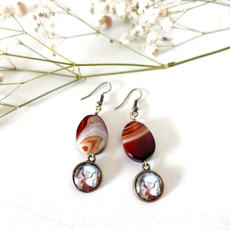 Boho Earrings with Agate Stones and Art Charms, Asymmetrical Brown Earrings 