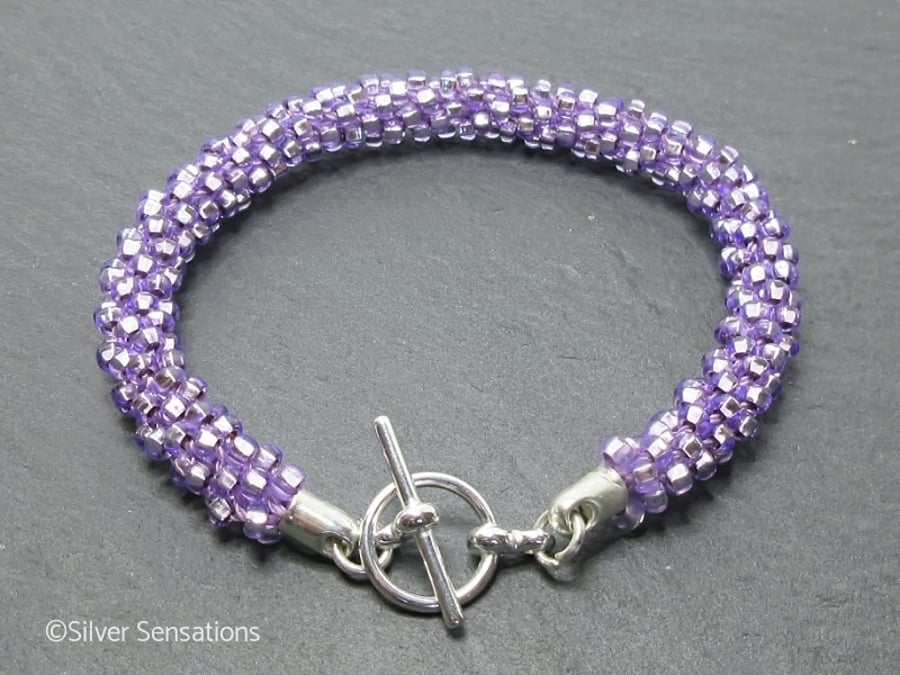 Silvery Pastel Lavender Purple Woven Kumihimo Seed Bead Fashion Bracelet