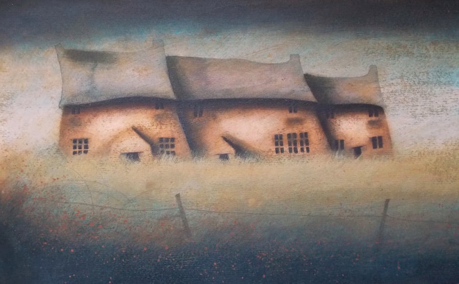 September Cottages - original acrylic landscape painting,56cms x 16cms, unframed
