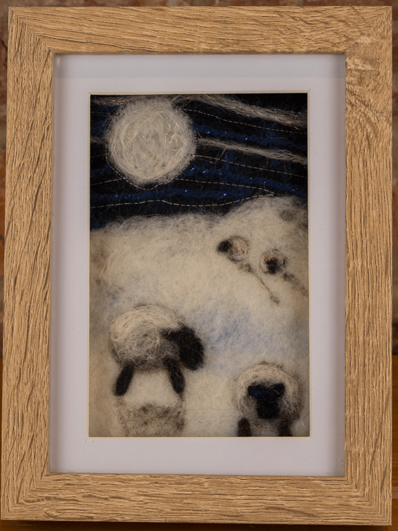 Framed Wool Art - Sheep Under Moonlight