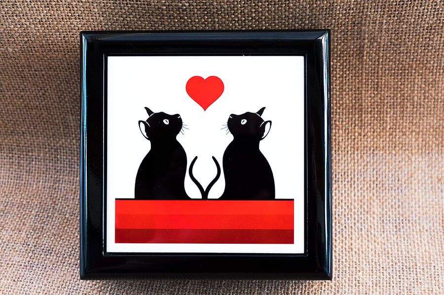 Graphic Cats and Red Heart Jewellery or Keepsake Box - Gift for Cat Lover 
