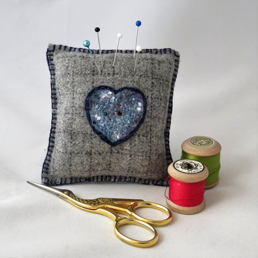 SALE  Heart Felted Pincushion on recycled tweed Blue and Grey