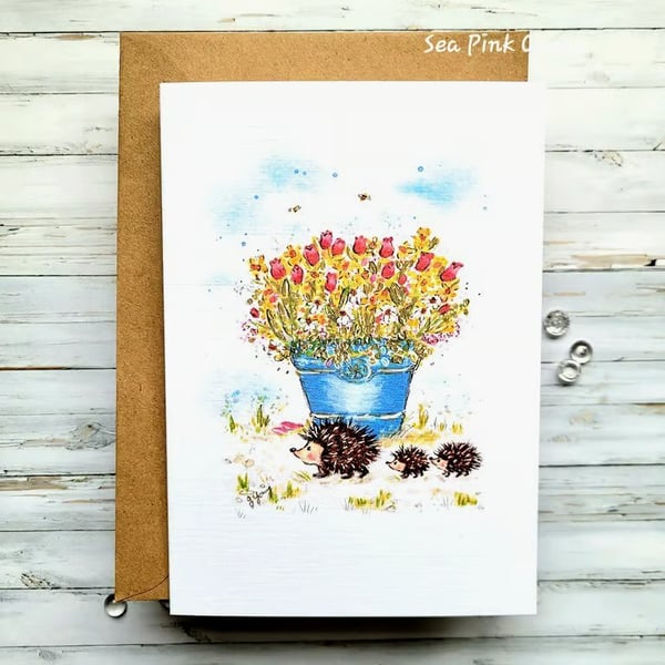 Easter Card - spring, hedgehogs, flowers, blank 