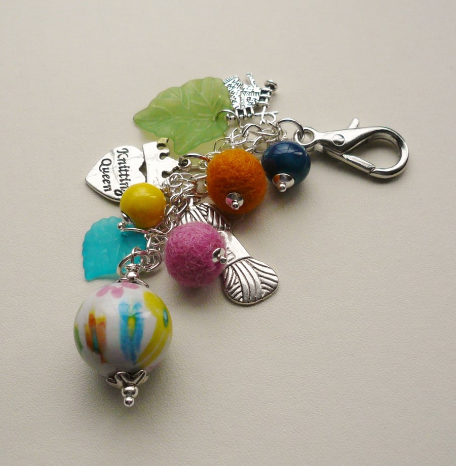 Handbag Charm Multicoloured Beaded Silver Knitting Themed  KCJ1630