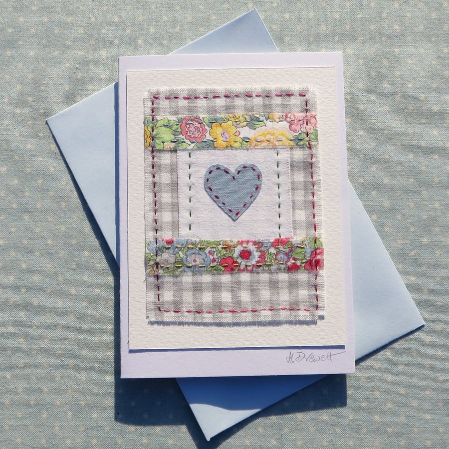 Hand-stitched little heart card with with Liberty prints - so pretty!