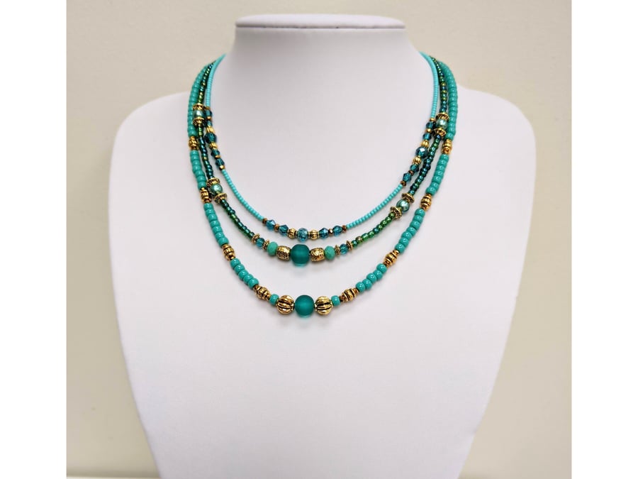 Turquoise Green and Gold Multi Strand Beaded Necklace