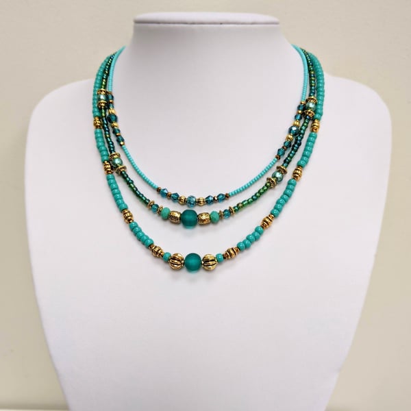 Turquoise Green and Gold Multi Strand Beaded Necklace