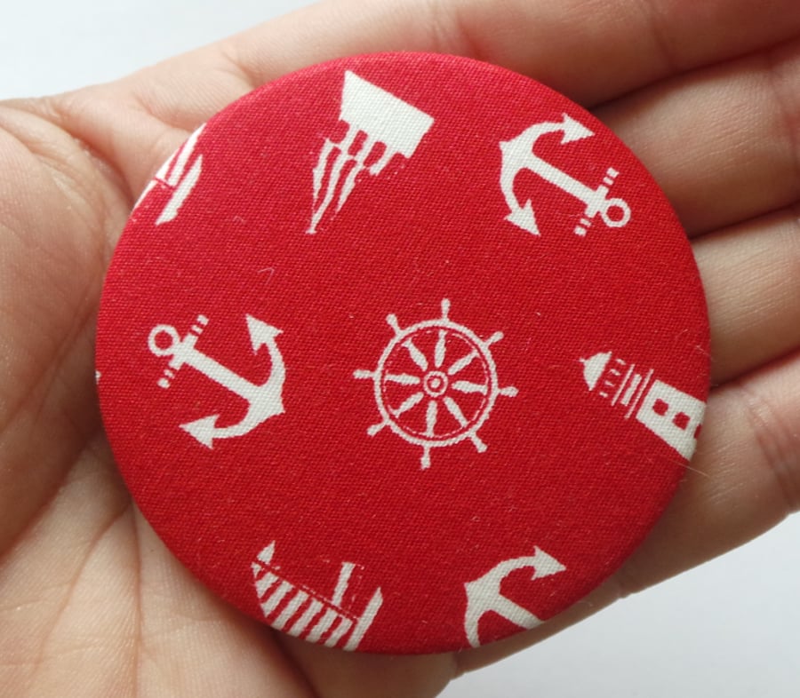Fabric covered pocket mirror Red Nautical seaside anchor