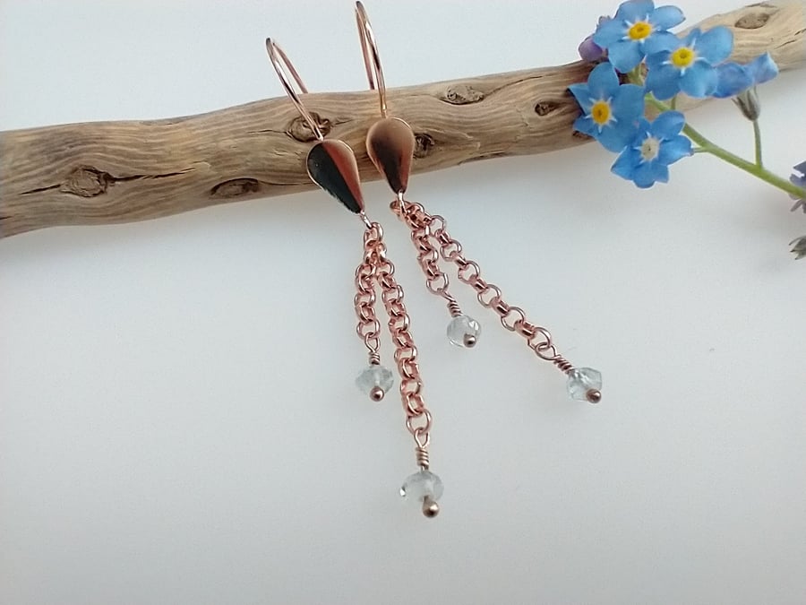 Natural Aquamarine and Rose Gold Pierced Earrings