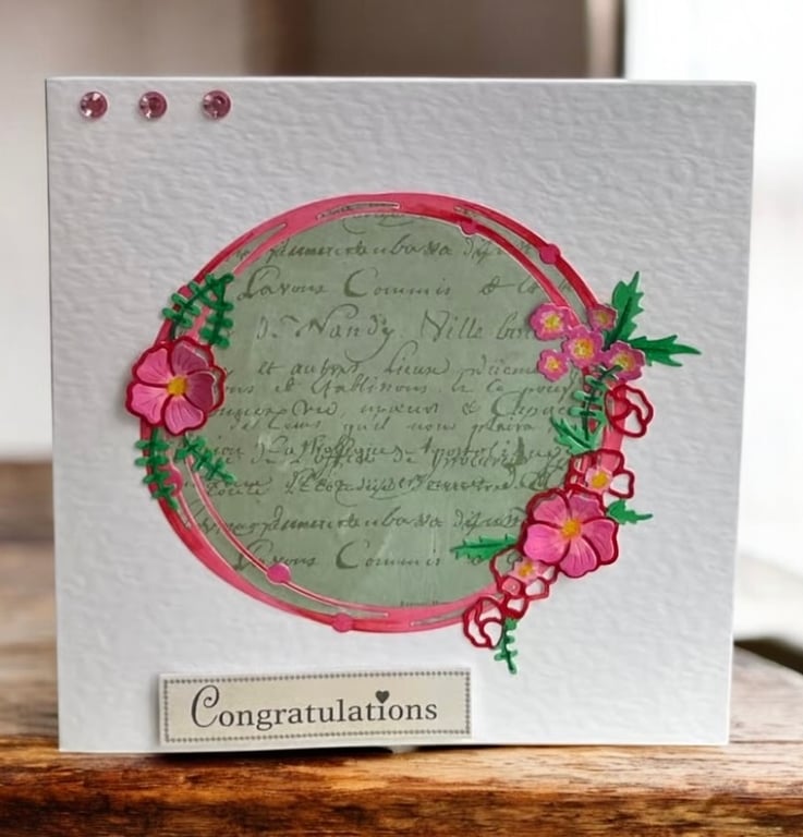 Hand Painted Floral Congratulations Card. Floral Wreath Congratulations Card