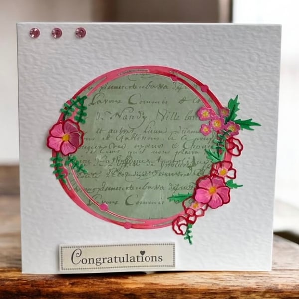 Hand Painted Floral Congratulations Card. Floral Wreath Congratulations Card