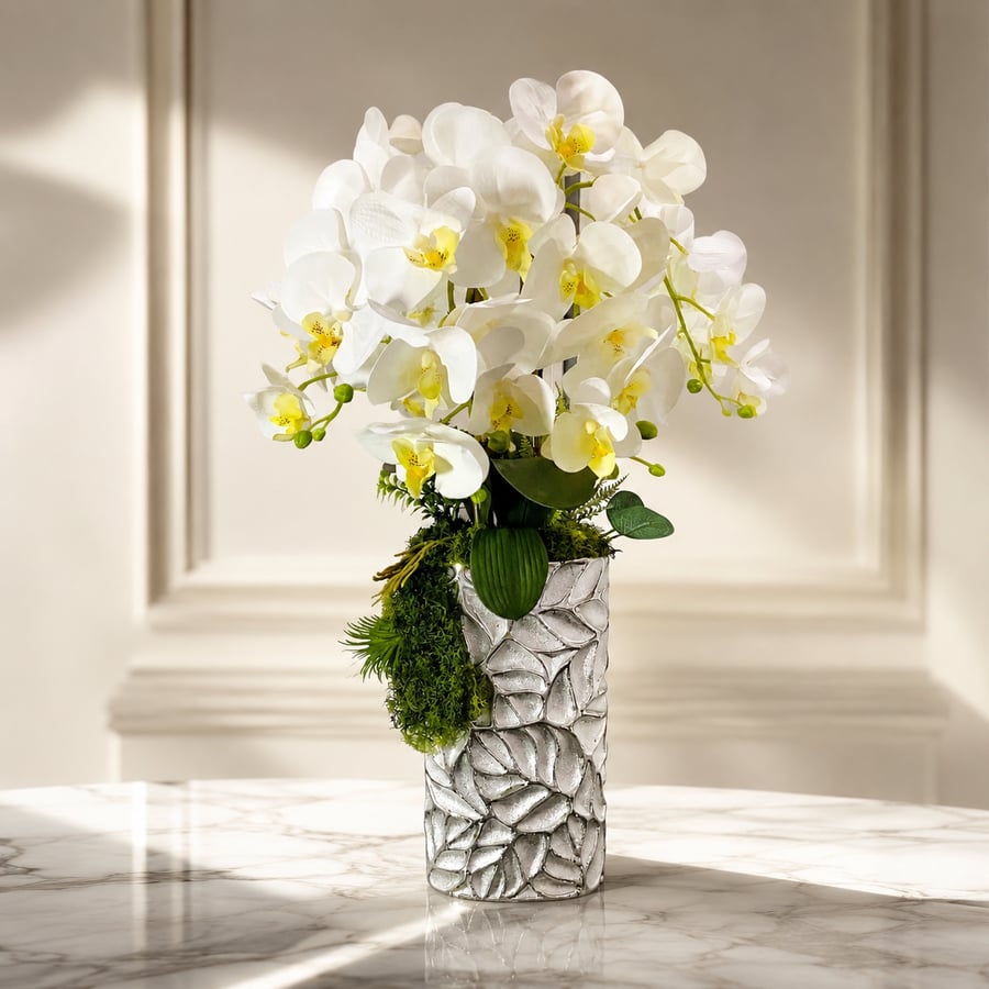 Luxurious White Orchid Arrangement in Silver Mosaic Vase – Elegant Gift Wrapped 