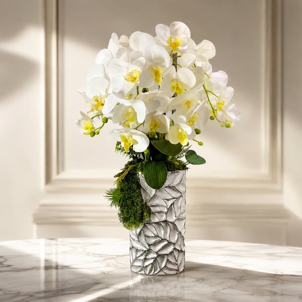 Luxurious White Orchid Arrangement in Silver Mosaic Vase – Elegant Gift Wrapped 