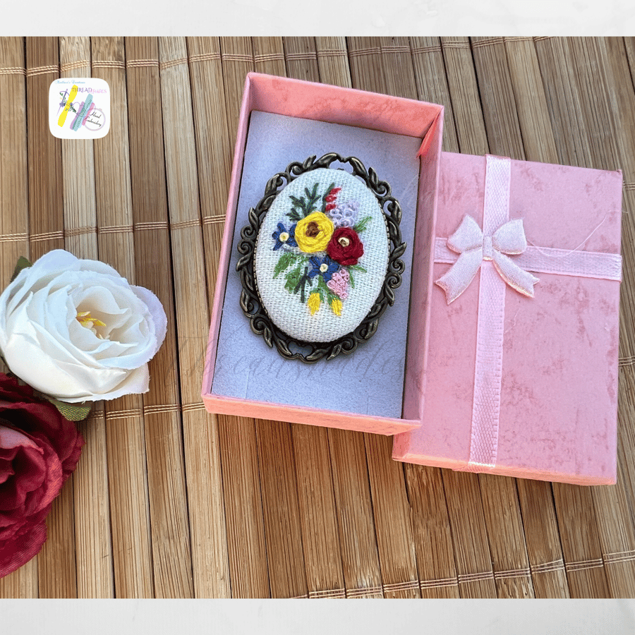 Hand embroidered Brooch, Pin Brooch, Antique bronze floral embroidered,