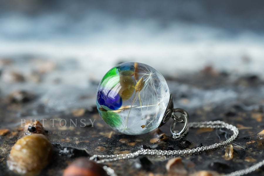 Sea Glass Necklace Dandelion Necklace Dandelion Wishes and Sea Glass Resin Neckl