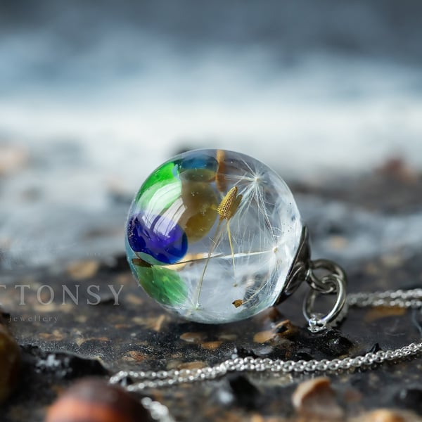 Sea Glass Necklace Dandelion Necklace Dandelion Wishes and Sea Glass Resin Neckl