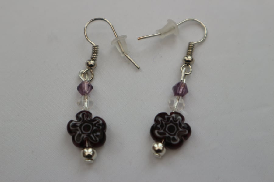 Silver plated beaded earrings- purple millefiori flower