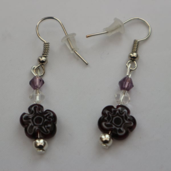 Silver plated beaded earrings- purple millefiori flower