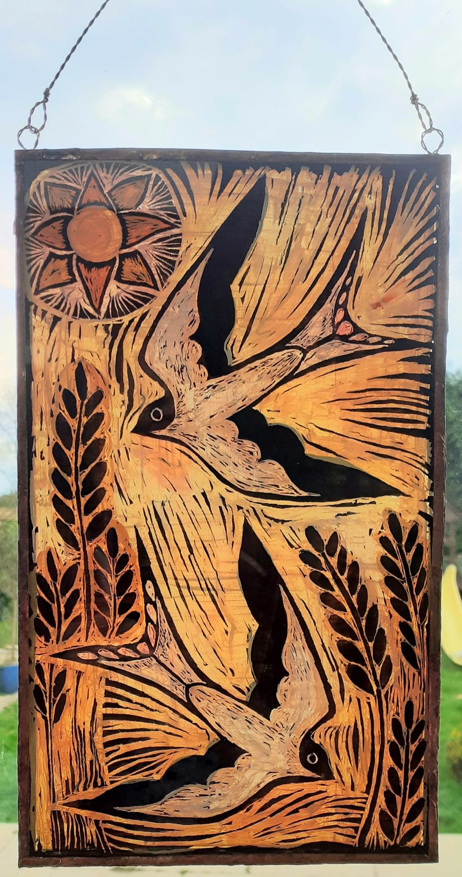 BIRD SUNCATCHER  or WALLHANGING SWALLOWS. Hand painted glass.