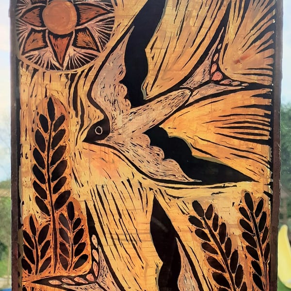 BIRD SUNCATCHER  or WALLHANGING SWALLOWS. Hand painted glass.