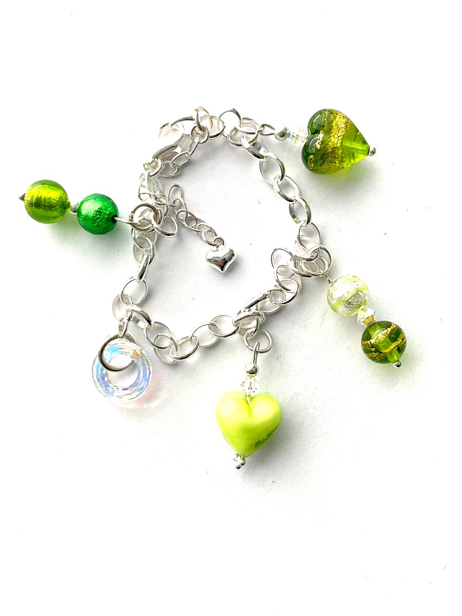 Sterling silver and  Murano glass charm bracelet with Swarovski.