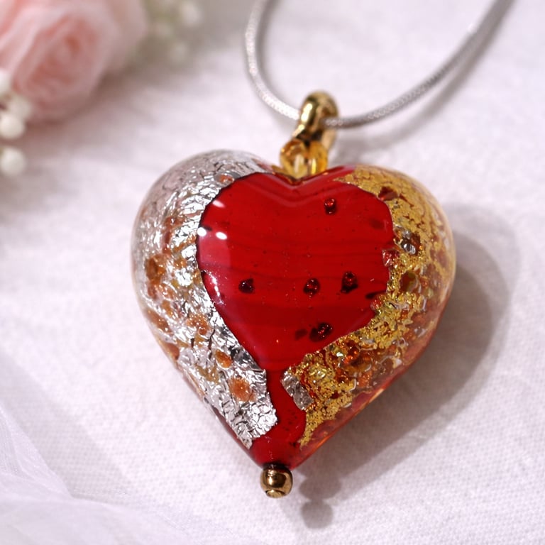 Authentic Red Murano Glass Heart Necklace with Gold Leaf