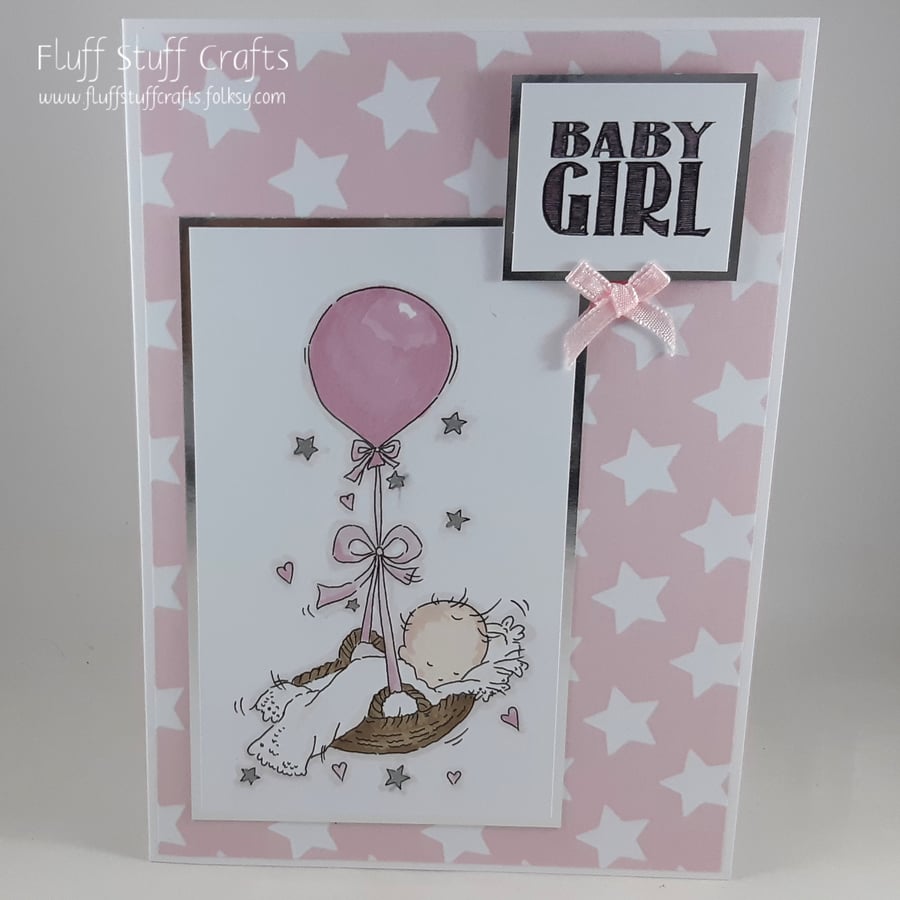 Handmade new baby girl card - balloon basket