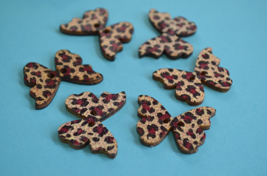 Wooden Butterfly Buttons Leopard Print Burgundy Pink 6pk 28x20mm (B12)