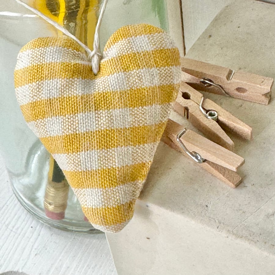 MINI HEART DECORATION - yellow gingham checks, with lavender