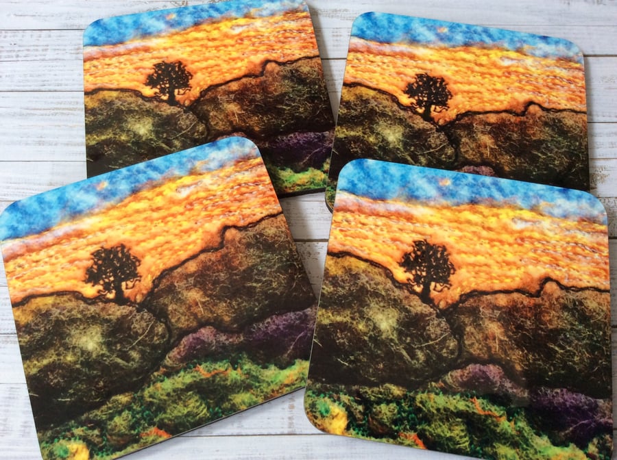 Moorland sunset scene with tree coaster or drinks mat. 