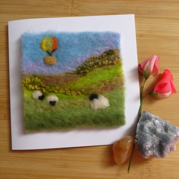 Needle felted Up and away greetings card