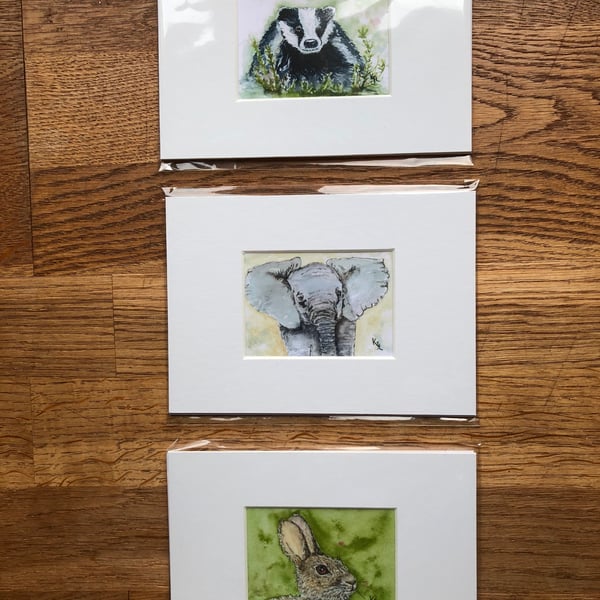 3 Mounted prints of miniature watercolours - FREE UK POST