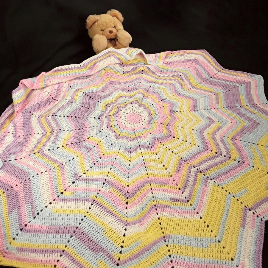 Crocheted 12 point star baby blanket - multi colour - unisex