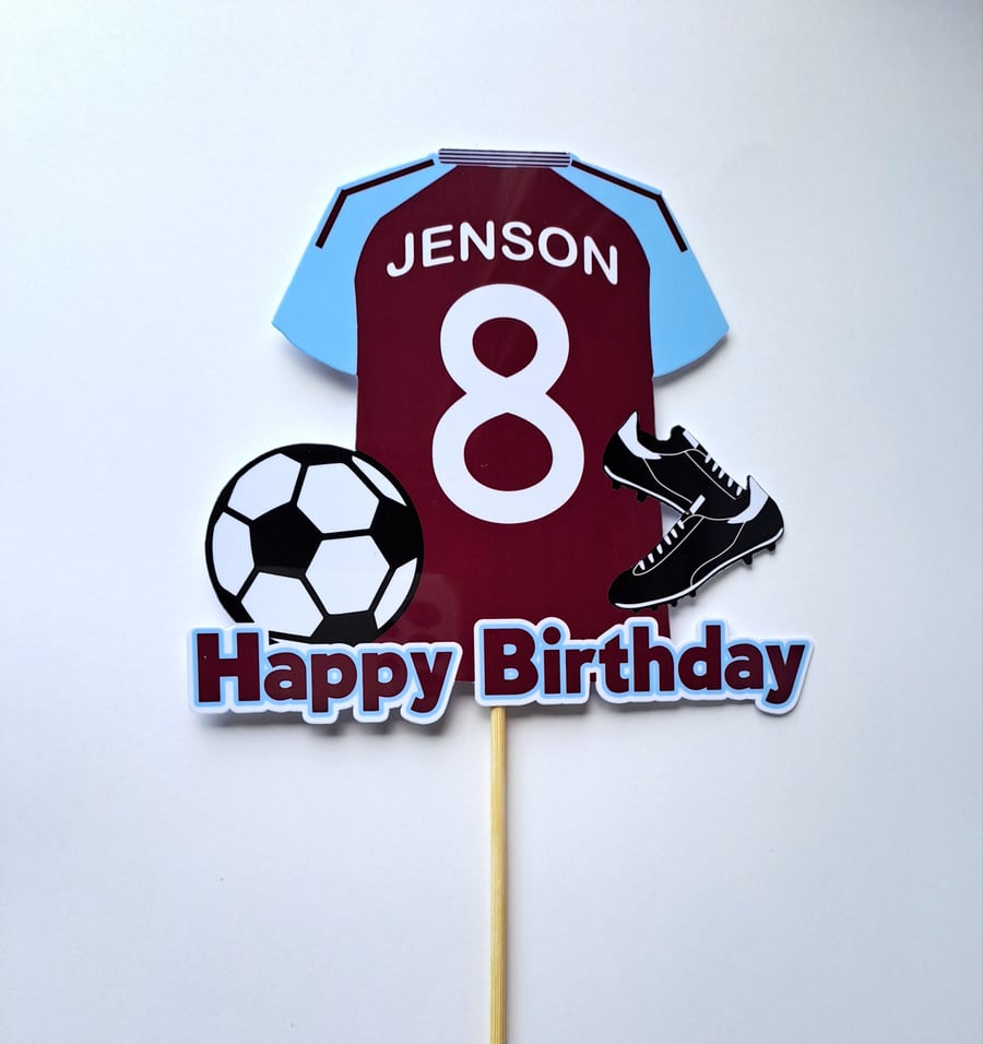Aston Villa style cake topper personalised. Football cake topper.