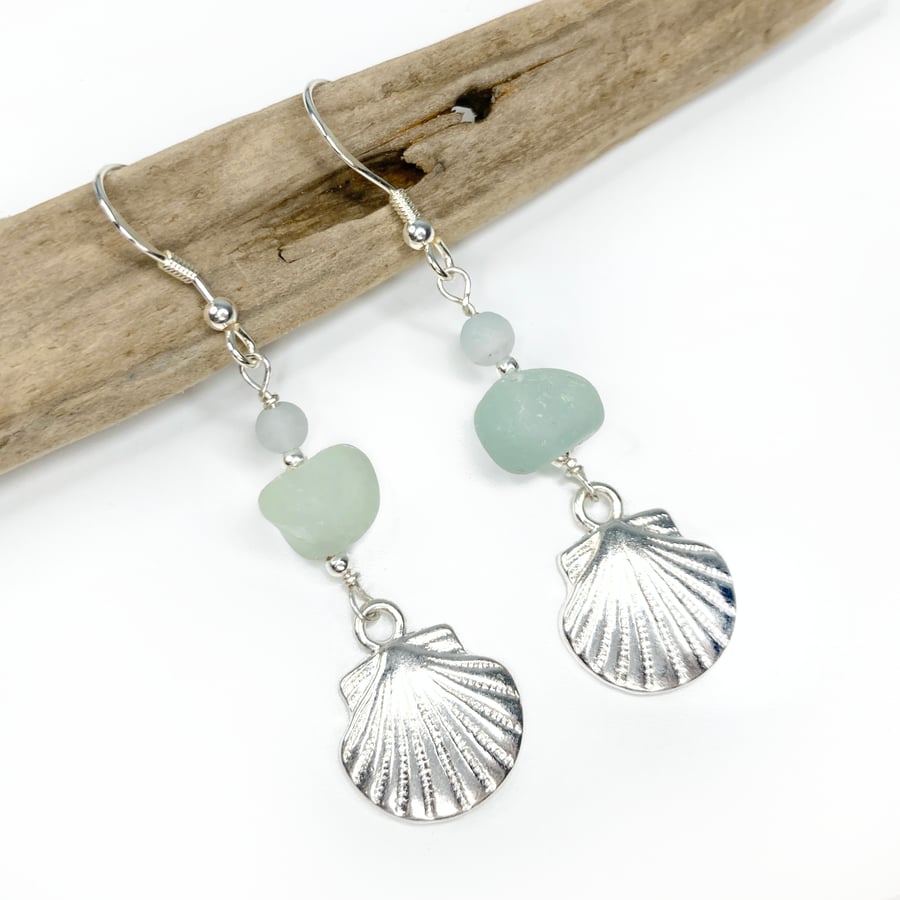 Clam Shell Earrings. Green Sea Glass & Amazonite Crystal Beads. Silver Jewellery