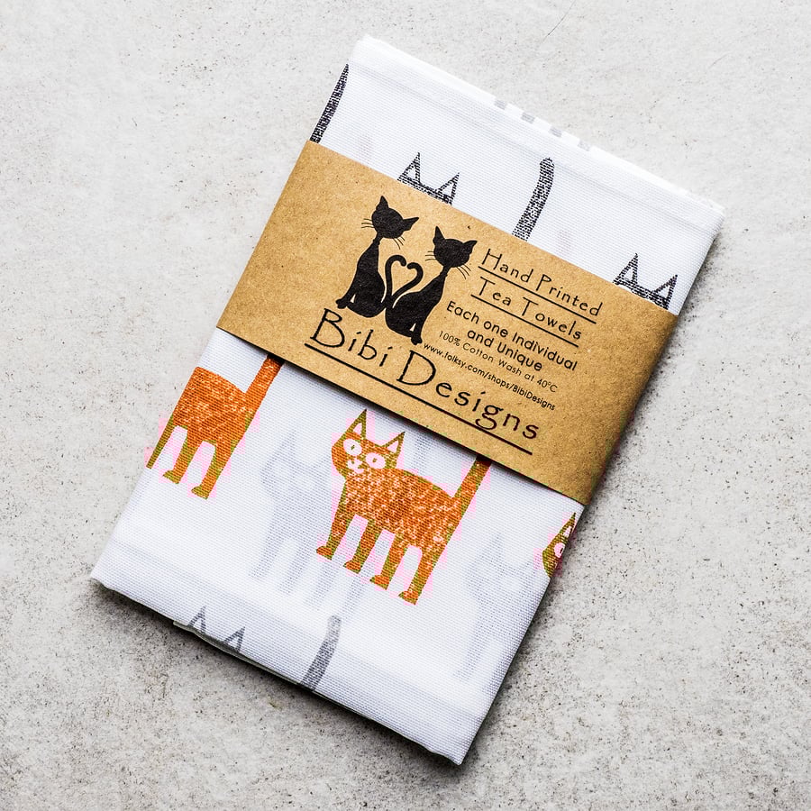 Hand printed cat tea towel wedding, housewarming, gifts for cat lovers or owners